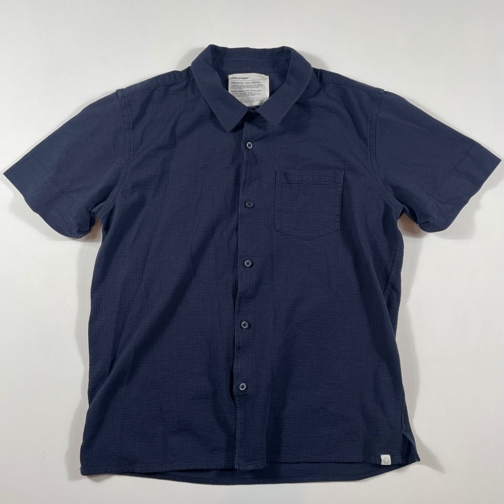 Ministry of Supply Button‎ Down Mens Large Hybrid Seersucker Short Sleeve Navy - Picture 2 of 6